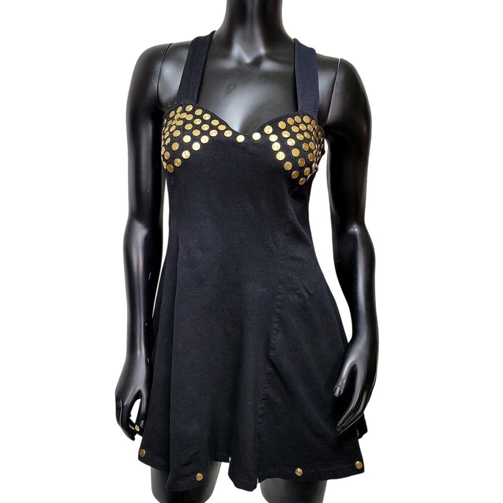 Vintage Black Gold Studded Sweetheart Fit & Flare Mini Dress Punk Grunge Edgy